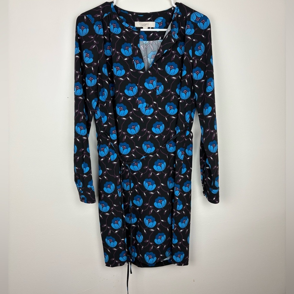 LOFT Black Dress w/ Blue Floral Print Long Sleeve office business casual sz S